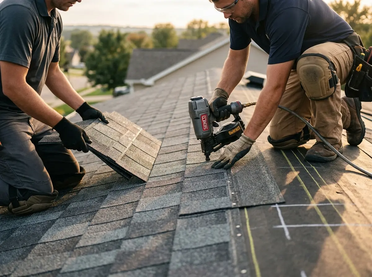 Professional roofer working on a residential roof in Ruston